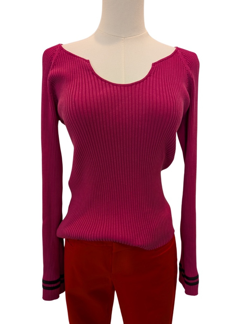 August Silk Fuchsia Ribbed V-Neck Sweater (74% Silk, 26% Nylon)